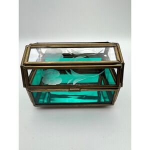 Via Vermont Teal Green Etched Glass Brass Jewelry Box Handcrafted Vintage Style
